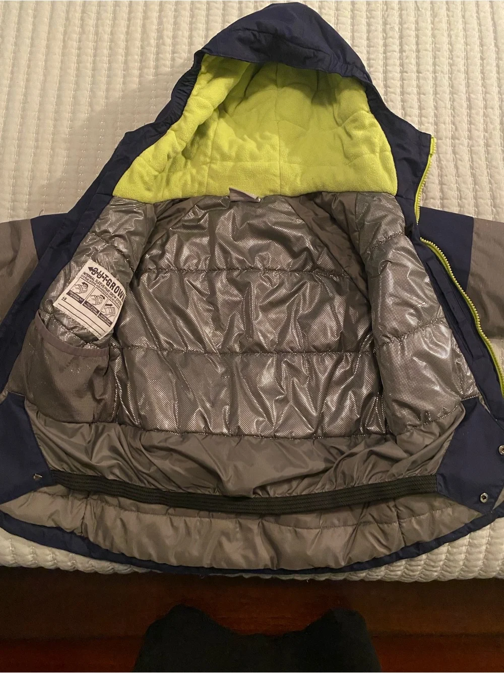 Columbia Navy and Gray Kids Hooded Puffer Jacket with Lime Trim
